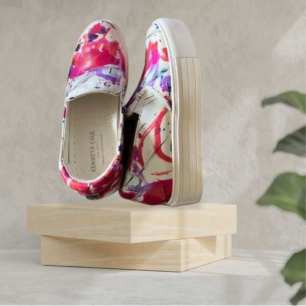 Kenneth Cole New York White Slip-On Sneakers with Pink & Red Floral Print